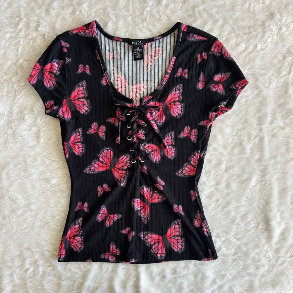 Rue21 Black Ribbed Short Sleeve Lace Up Fitted Tee with Y2K Butterfly Print - XS
